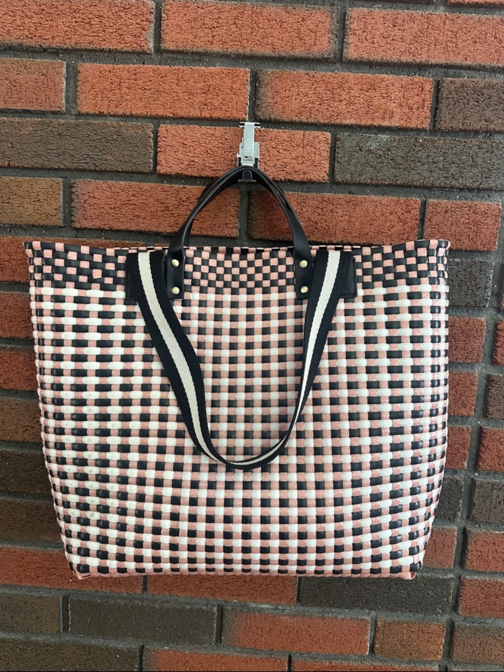 Anthropology Woven Checker Tote Bag in Pink & Black